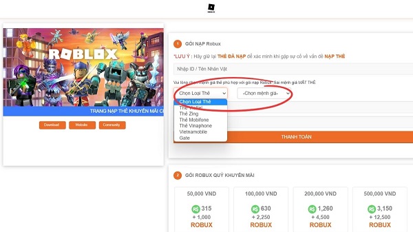 nộp tiền Roblox thông qua thẻ cào